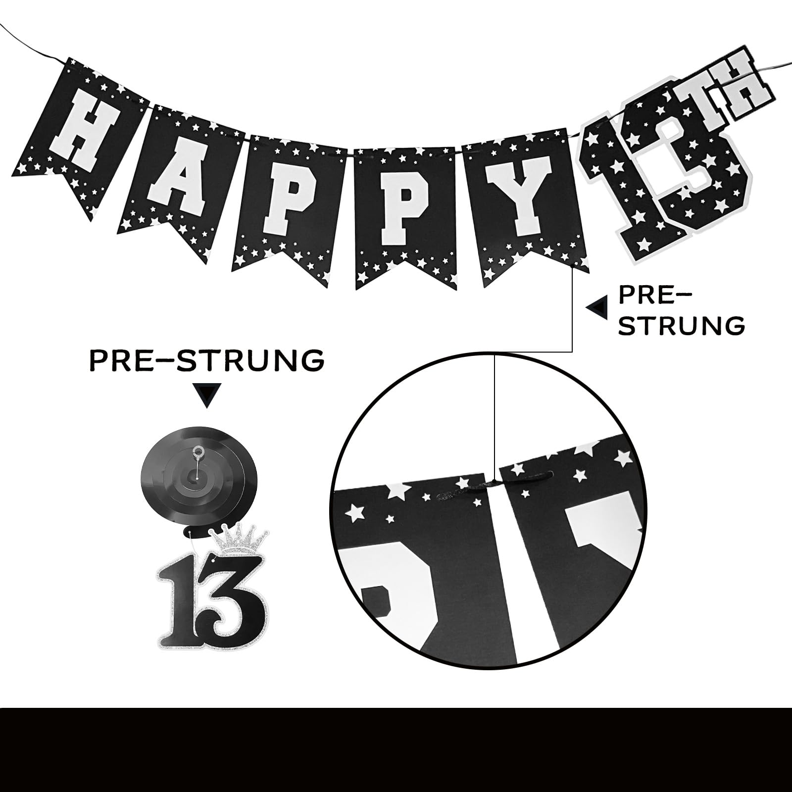 HTDZZI 13th Birthday Decorations for Boys Girls Black White, Pre-Strung Official Teenager Happy 13th Birthday Banner Backdrop Hanging Swirls, 13 Years Old Birthday Party Sign Decor Supplies Kit