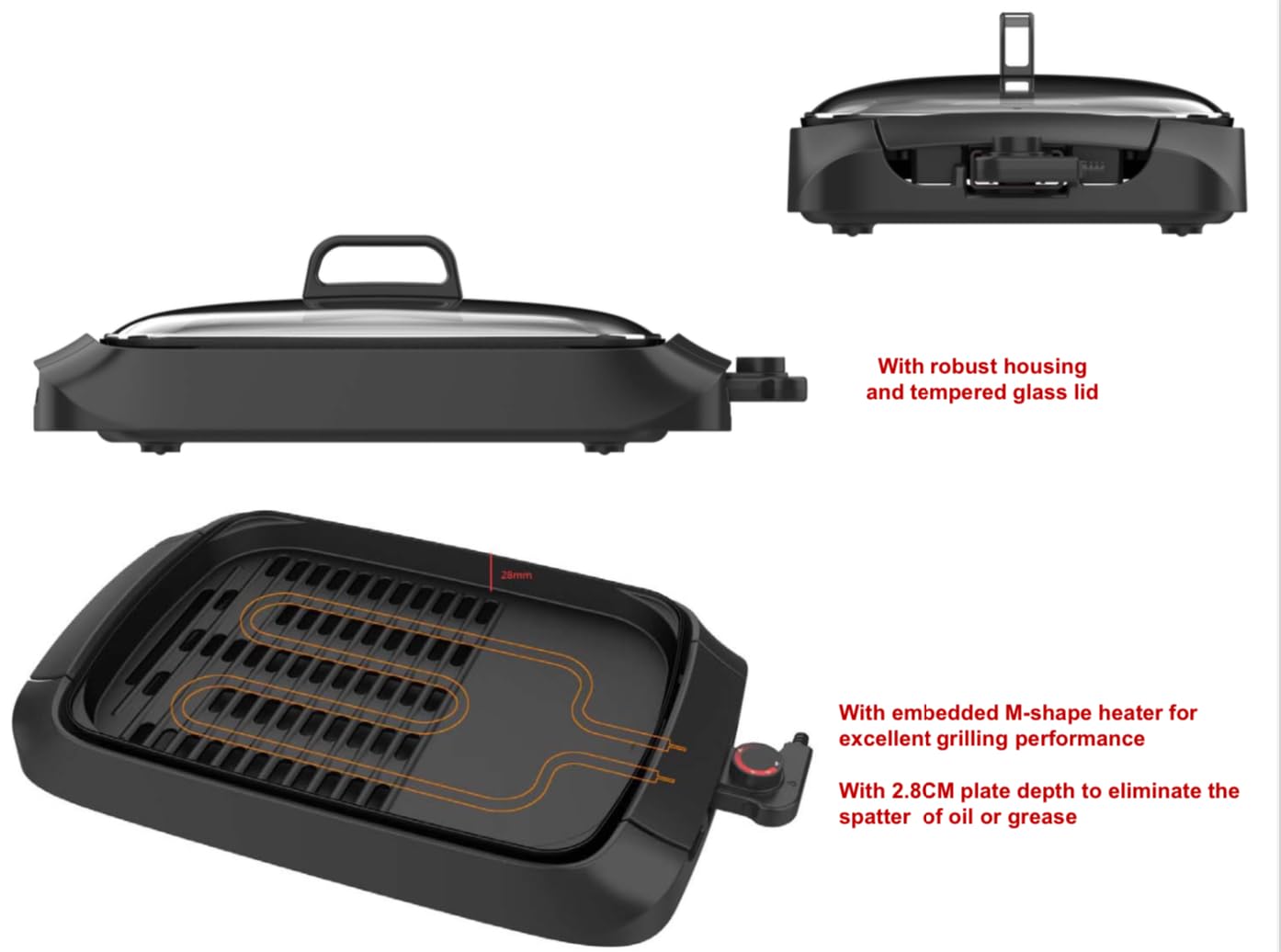 ADDIS Smokeless Indoor Electric Grill with Tempered Glass Lid and Drip Pan 1500W M-Shaped Heating Element and Non-Stick Coating, Stainless Steel