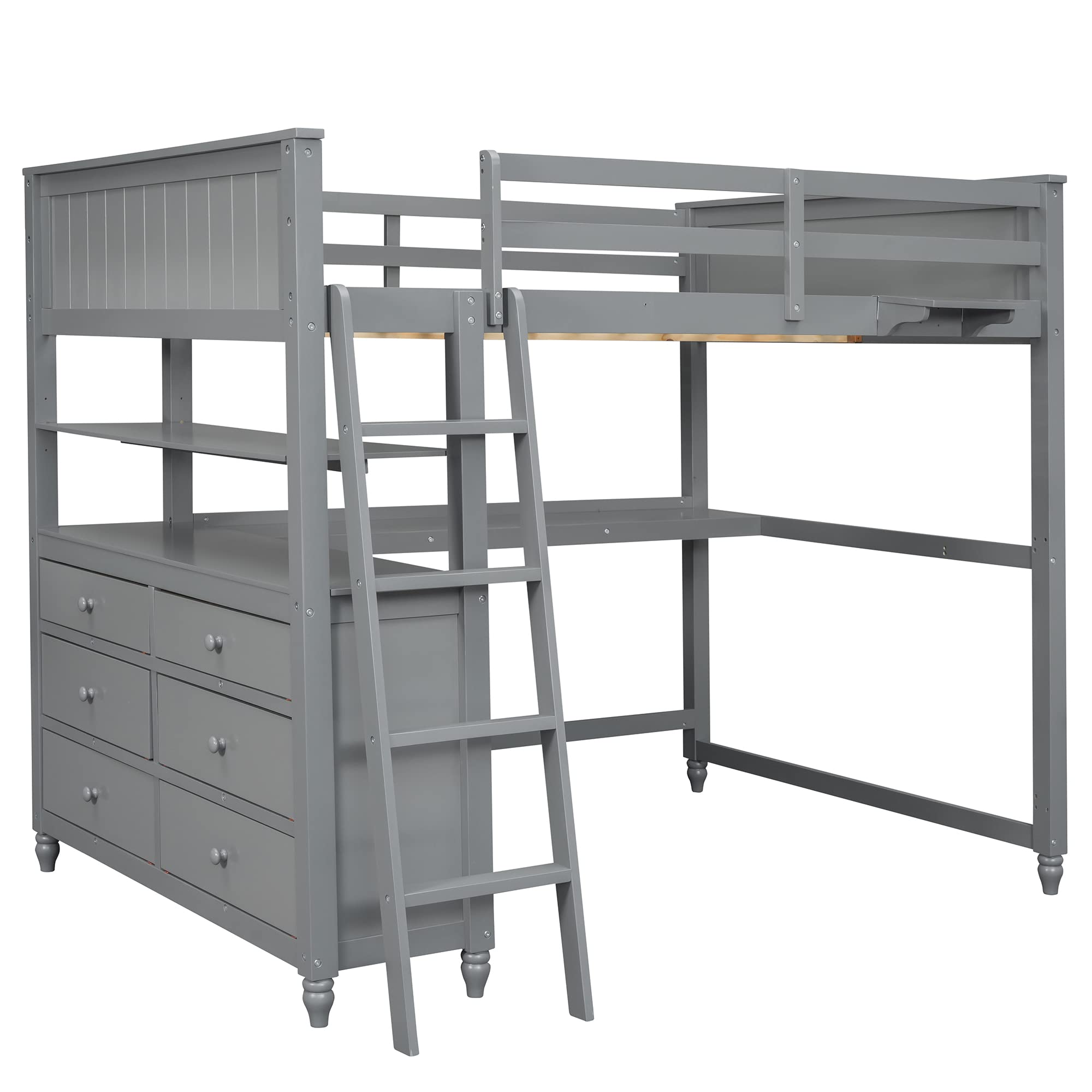 Full Size Loft Bed with Desk and Storage Drawers, Wood Loft Bed Frame with Shelves and Ladder for Kids Adults Boys Girls Teens, Gray