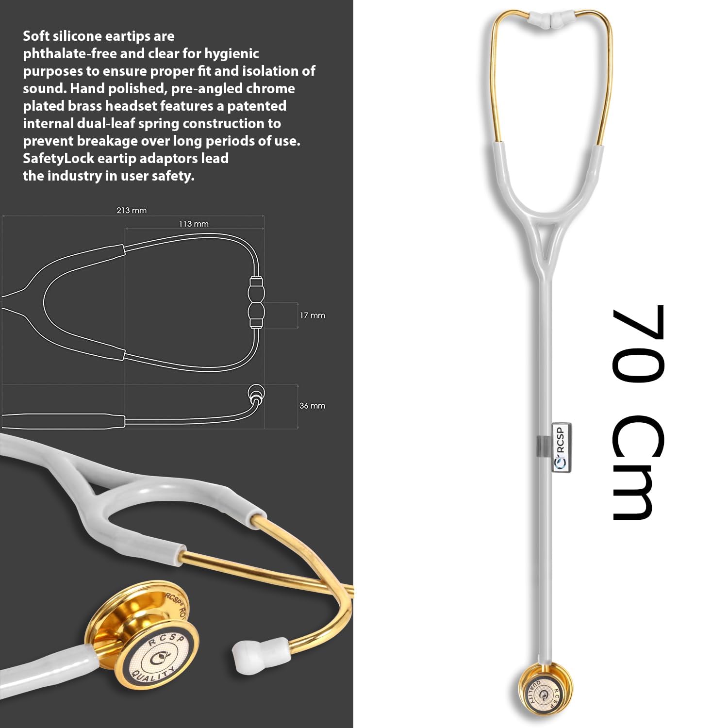 Stethoscope Golden ChestPiece with Latexfree Tube Soft Sealing Ear Knobs Royal Gold For Nurses & Doctors Stainless Steel Brass Ring Grey Tube