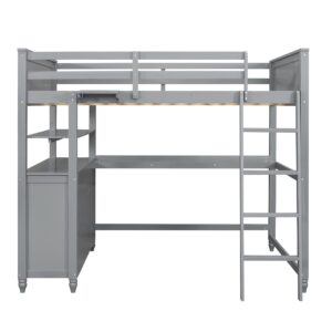 Full Size Loft Bed with Desk and Storage Drawers, Wood Loft Bed Frame with Shelves and Ladder for Kids Adults Boys Girls Teens, Gray