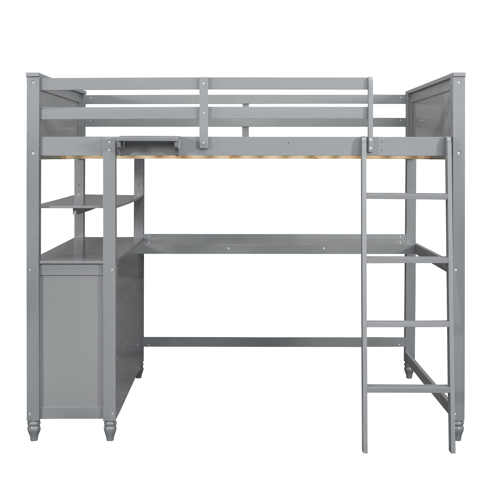 Full Size Loft Bed with Desk and Storage Drawers, Wood Loft Bed Frame with Shelves and Ladder for Kids Adults Boys Girls Teens, Gray