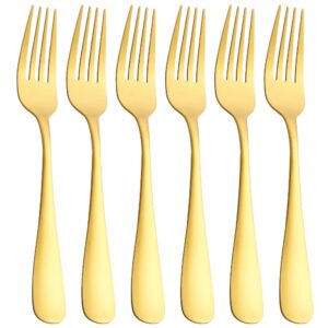 matte gold dinner fork set, gogeili 8.0-inch stainless steel satin finish fork silverware, gold flatware table fork set of 6, dishwasher safe