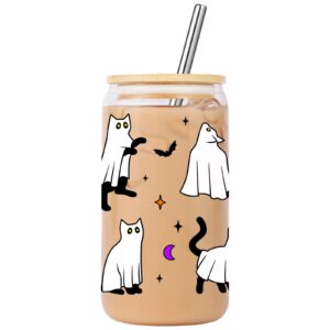 lovearth cute halloween ghost cat iced coffee cup, 16oz halloween glass cup with lid and straw, halloween coffee tumbler, boo basket stuffers for women, men, teens, spooky gifts for cat lovers