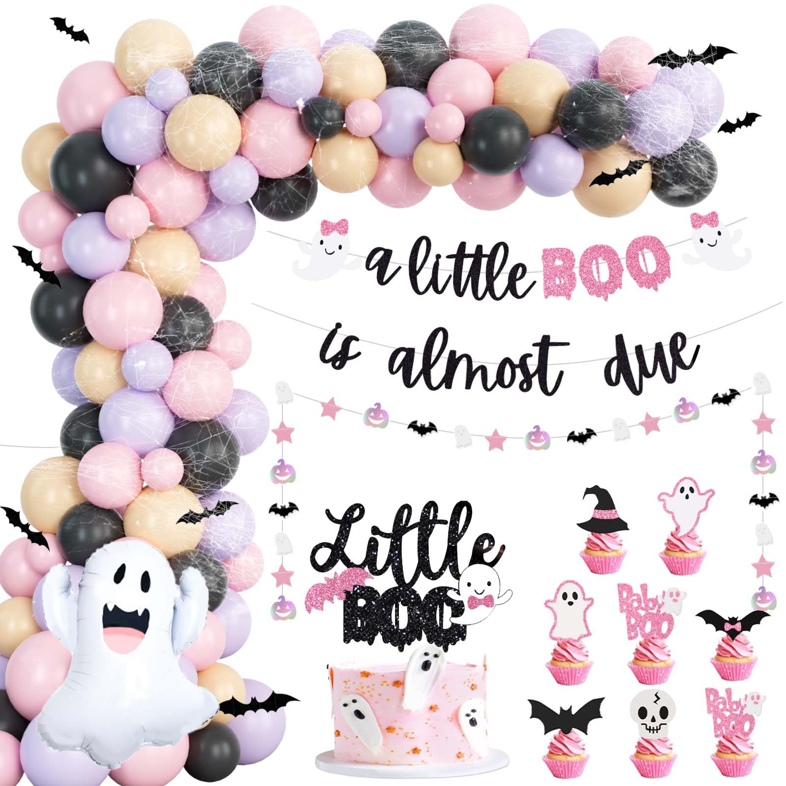 Fiesec Halloween Baby Shower Decorations for Girls Pink Purple Black Ivory, A Little Boo Is Almost Due Baby Shower Girl with Balloon Garland Arch Kit Banner Cake Cupcake Topper Ghost Bat Cutout