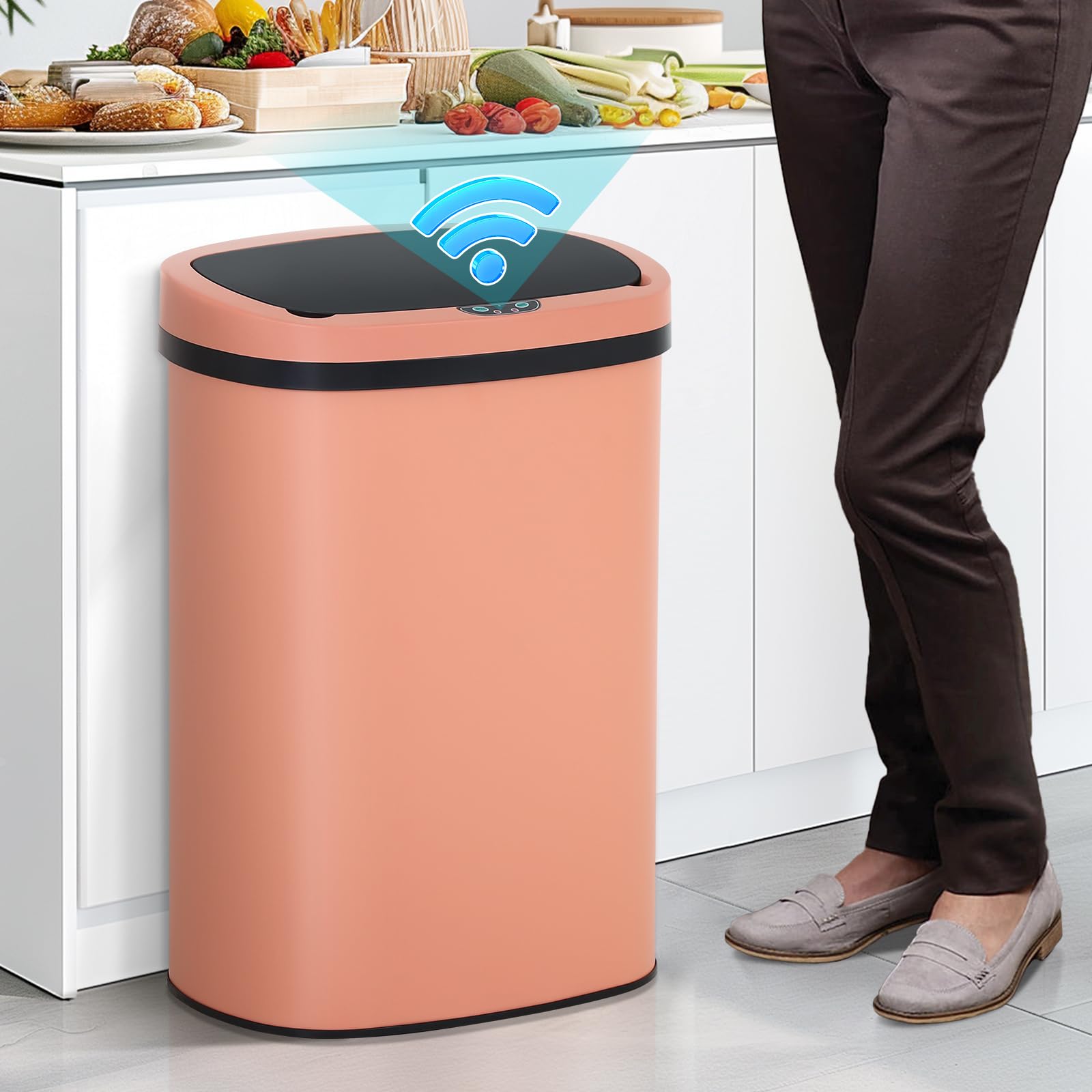 Qxznby 13 Gallon Automatic Trash Can Bathroom Trash Can with Lid, Garbage Can 50 Liter Touch Free High-Capacity Brushed, Stainless Steel Waste Bin for Kitchen Bedroom Living Room Office(Pink)