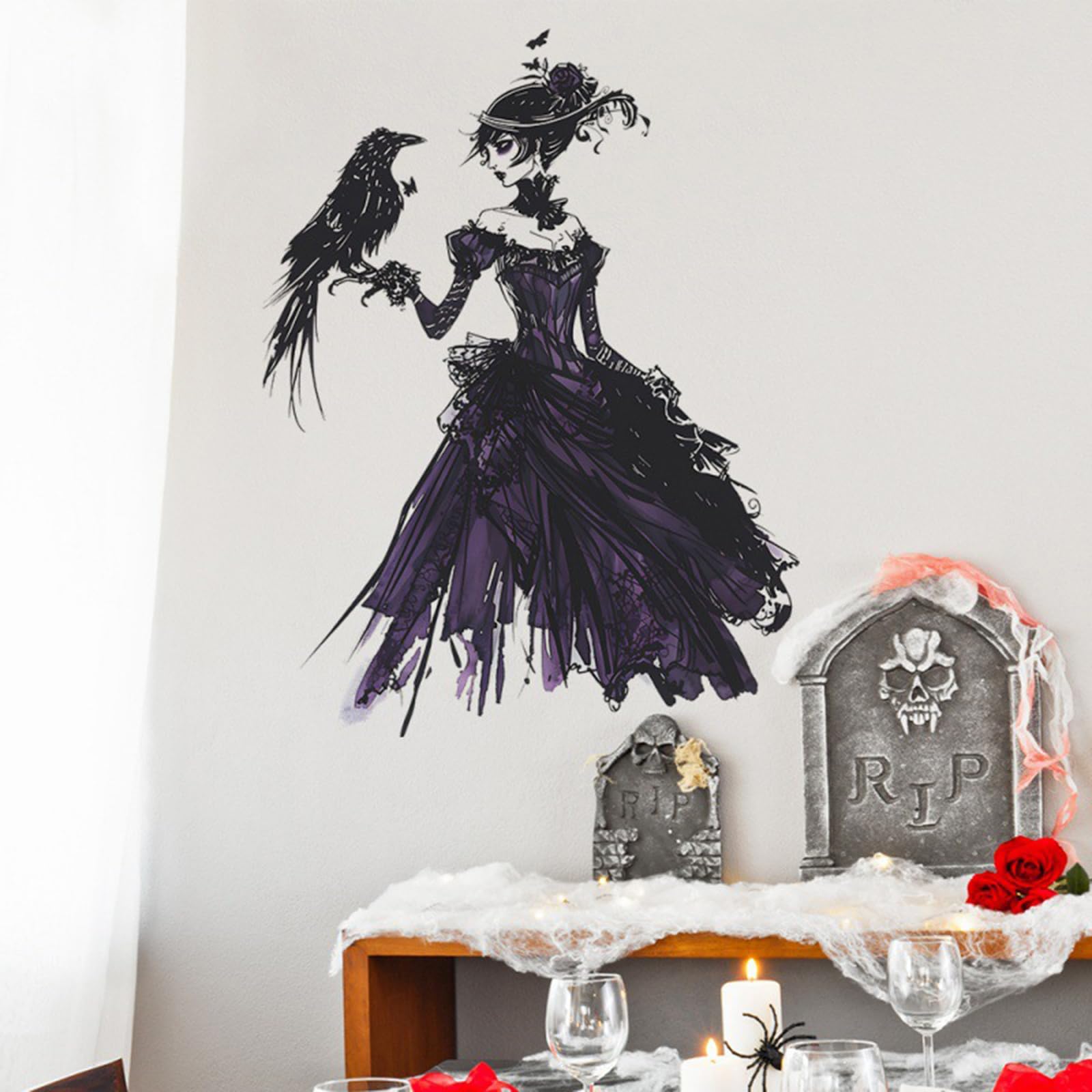 Halloween Witch Wall Stickers Queen of The Night with Black Crow Design Halloween Window Stickers 23.6 x 15.7 Inch Anime Wall Decals for Home Indoor Office Party Halloween Decorations Supplies