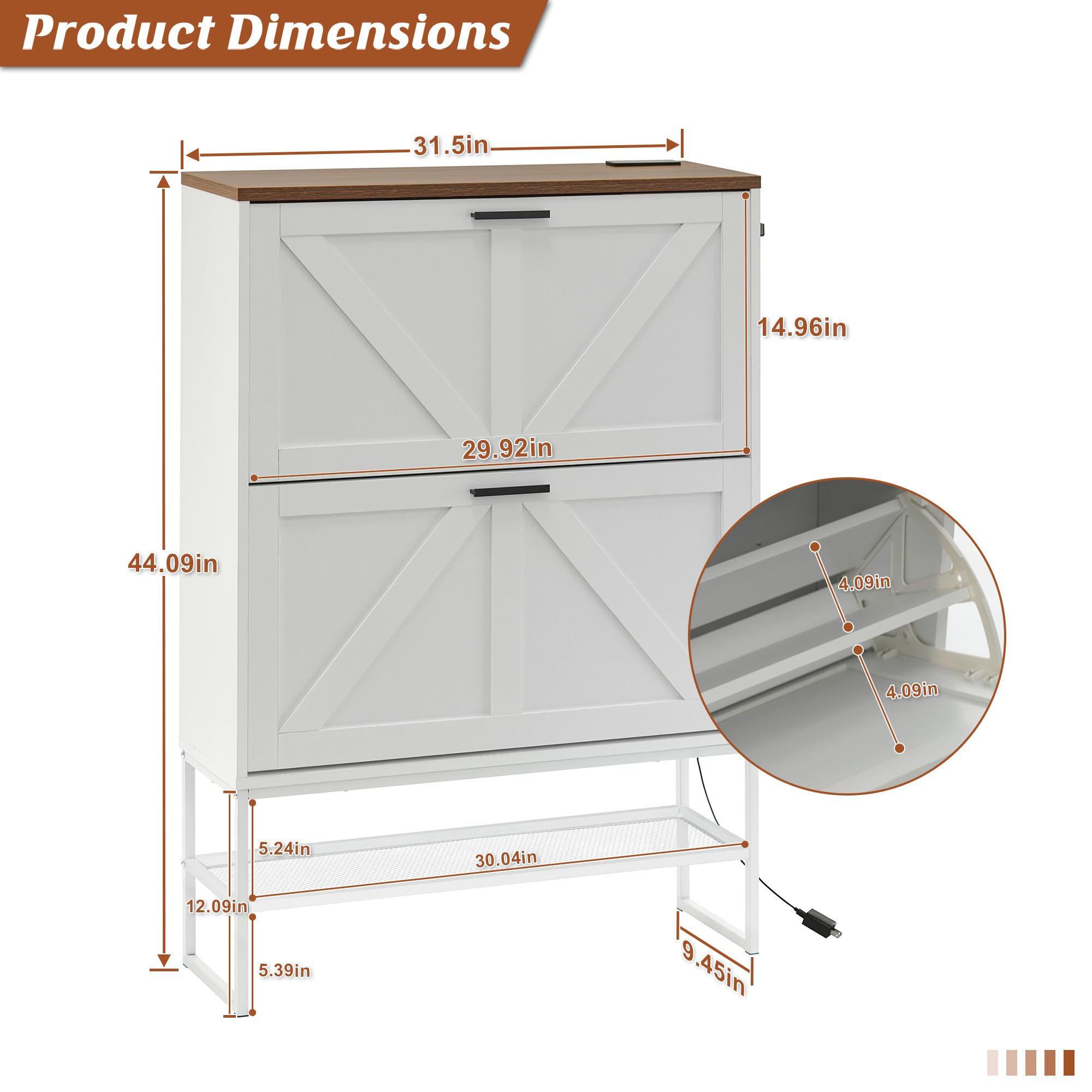 LYNCOHOME Shoe Storage Cabinet with 2 Flip Drawers and Feodorizing Function, Farmhouse Freestanding Shoe Organizer for Entryway/Hallway, Narrow Shoe Rack Cabinet with Steel Legs, White