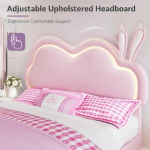 Jocisland LED Twin Bed Frame for Girls Upholstered Floating Bed with Cute Cloud Headboard, No Box Spring Needed, Leather, Pink