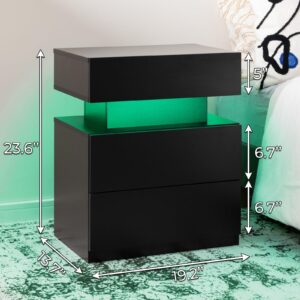 Bingoday LED Nightstand Black Modern Night Stand with 3 Drawers LED Bedside Tables for Bedroom End Tables with LED Strip Lights (Black)