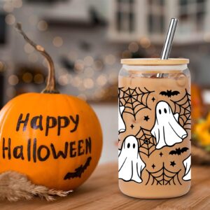 Lovearth 16oz Halloween Ghost Glass Tumbler, Spider Web Halloween Glass Cup with Lid and Straw, Cute Halloween Bats Cup, Spooky Gifts, Boo Basket Stuffers for Women, Gifts for Halloween Lovers