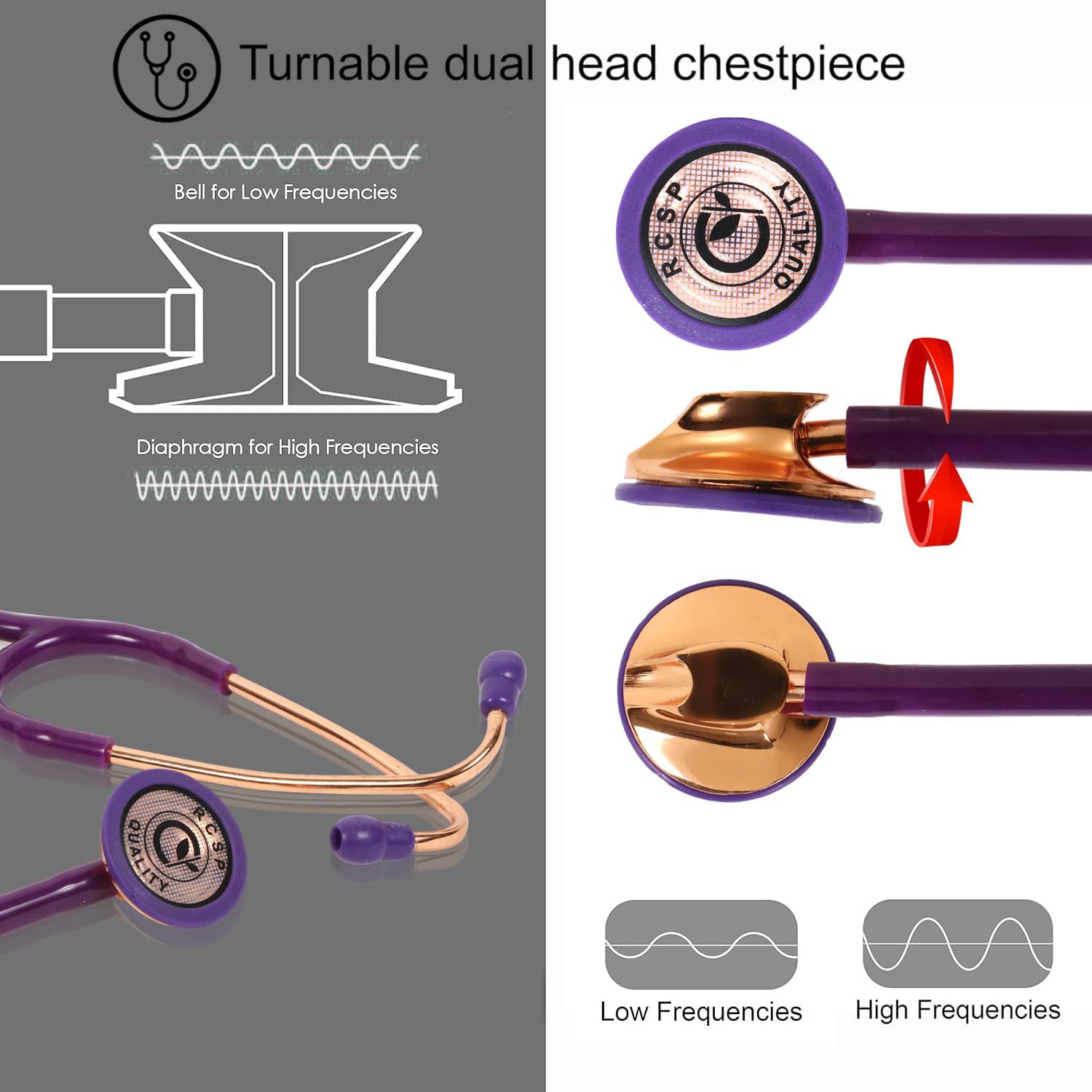 RCSP Cardio Stethoscope for Doctors and Nurses, Lightweight Chest Piece, Flexible Jointless Tube, Soft Ear Knobs, Rose Gold, Single Head Brass (PURPLE)