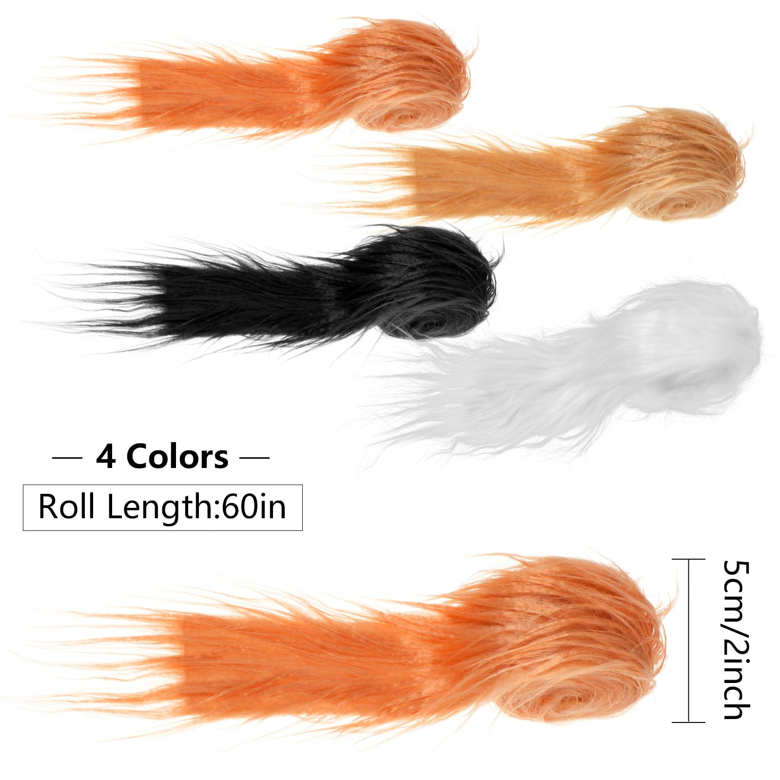 4Pcs Shaggy Plush Faux Fur Fabric 2 x 60inch Precut Strips Fake Fur Soft Fluffy Fabric Fuzzy Craft Fur for Halloween Gnome Plush Beard Gnome Hair Role Play DIY Crafts(White + Black + Brown + Orange)