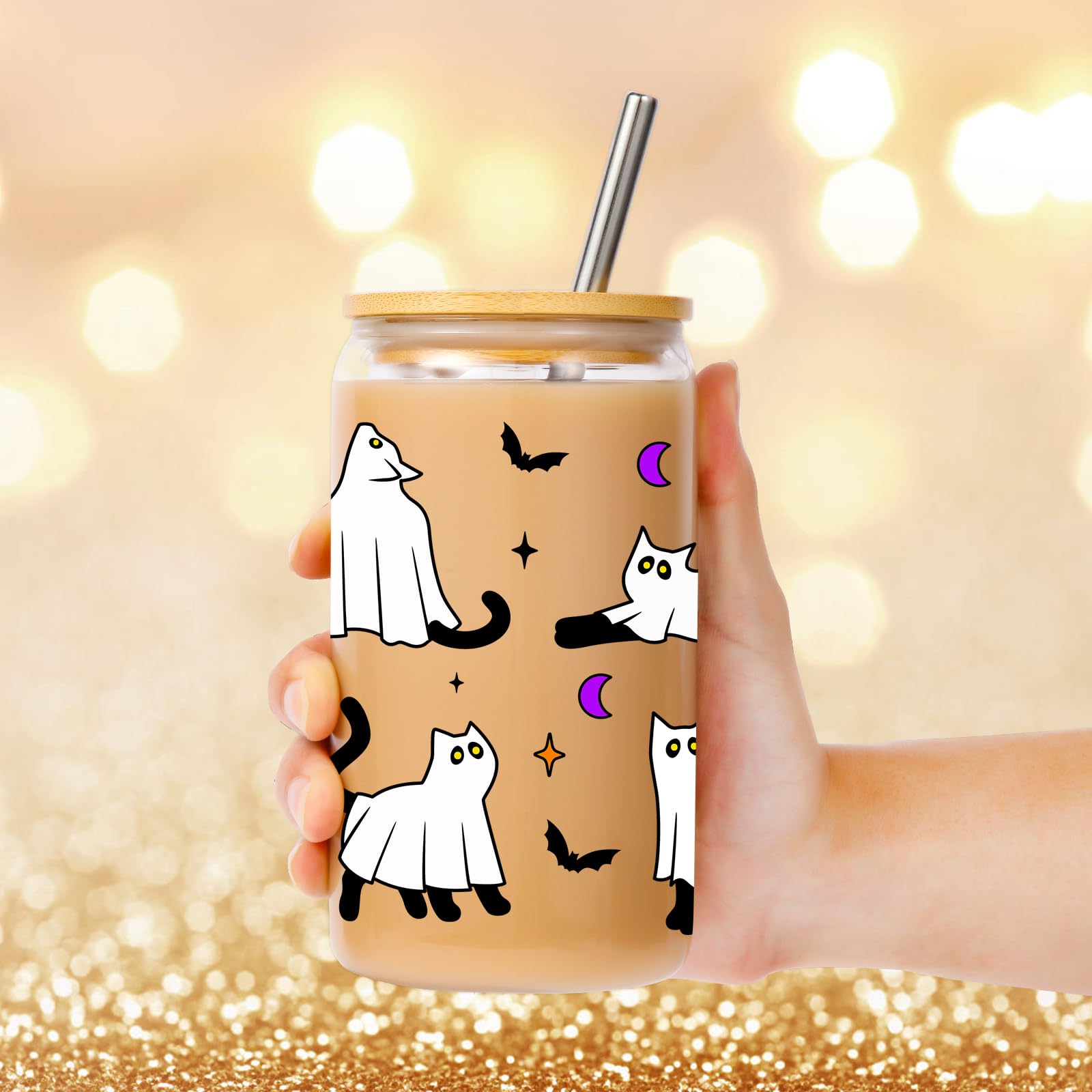 Lovearth Cute Halloween Ghost Cat Iced Coffee Cup, 16oz Halloween Glass Cup with Lid and Straw, Halloween Coffee Tumbler, Boo Basket Stuffers for Women, Men, Teens, Spooky Gifts for Cat Lovers