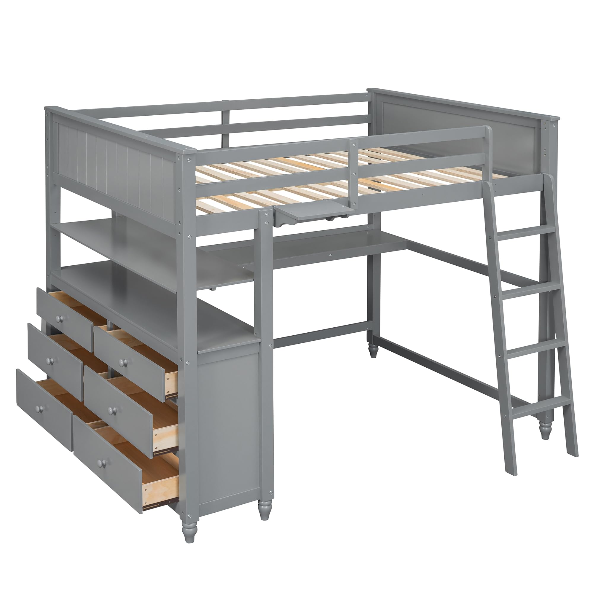 Full Size Loft Bed with Desk and Storage Drawers, Wood Loft Bed Frame with Shelves and Ladder for Kids Adults Boys Girls Teens, Gray