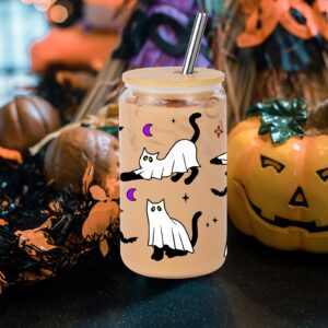 Lovearth Cute Halloween Ghost Cat Iced Coffee Cup, 16oz Halloween Glass Cup with Lid and Straw, Halloween Coffee Tumbler, Boo Basket Stuffers for Women, Men, Teens, Spooky Gifts for Cat Lovers