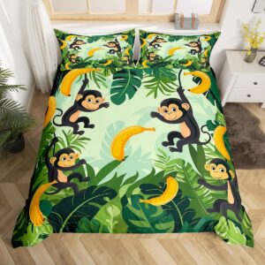 erosebridal monkey bananas bedding set for kids toddler nursery cute zoo animal comforter cover, botanical leaves palm leaf duvet cover nature wildlife bed cover twin size with 1 pillowcase