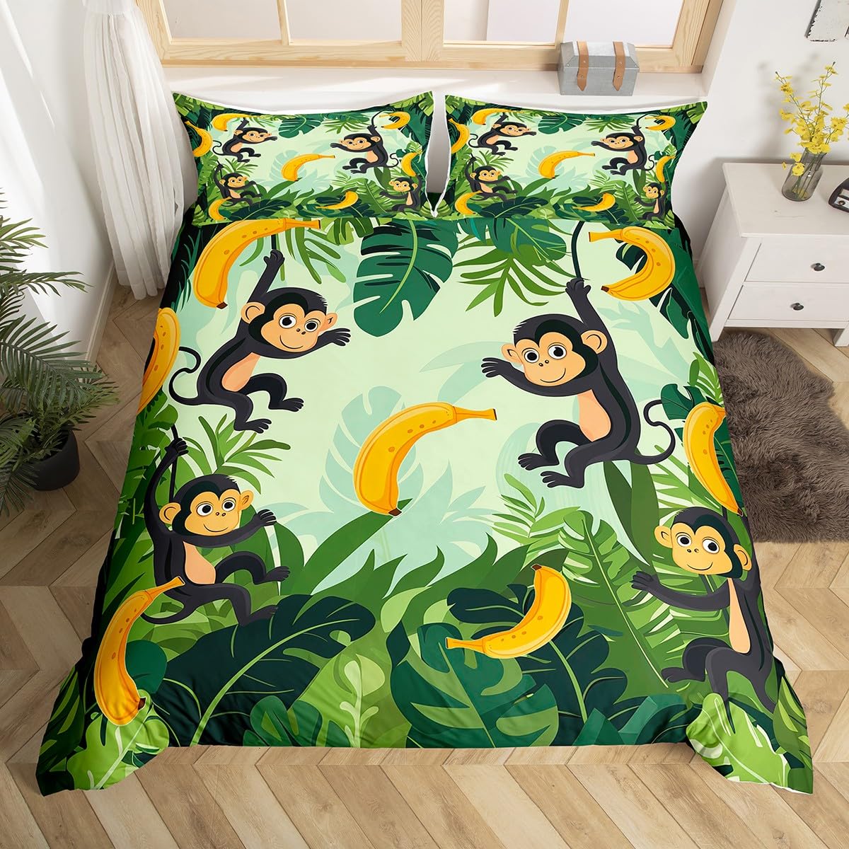 Erosebridal Monkey Bananas Bedding Set for Kids Toddler Nursery Cute Zoo Animal Comforter Cover, Botanical Leaves Palm Leaf Duvet Cover Nature Wildlife Bed Cover Twin Size with 1 Pillowcase