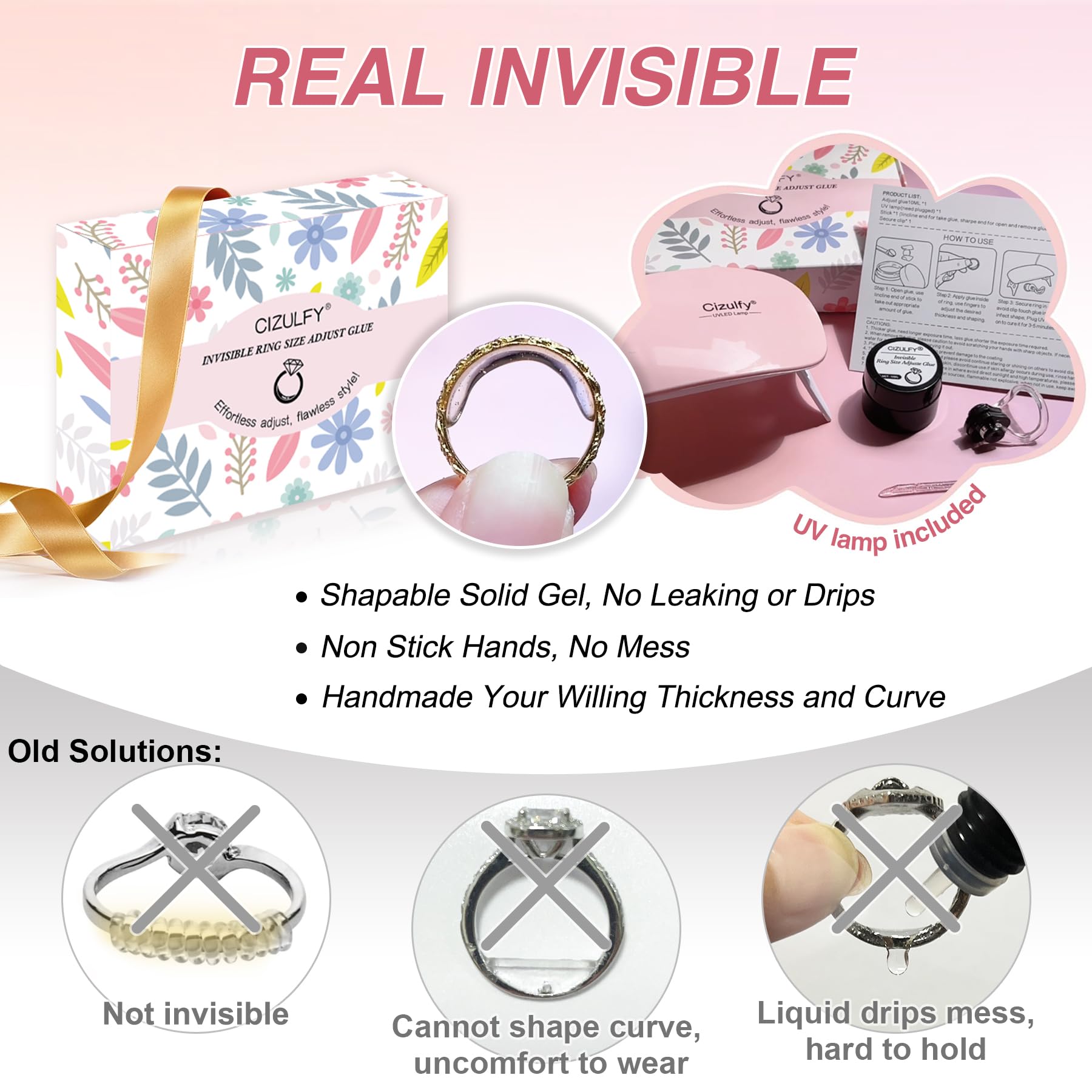 Invisible Ring Size Adjuster, Ring Resizer for Loose Ring, Ring Guards for Woman and Man Ring, Ring Adjuster Adhesive UV Light Easy to Use, Fit for Thin, Wide Rings, Unusual Rings