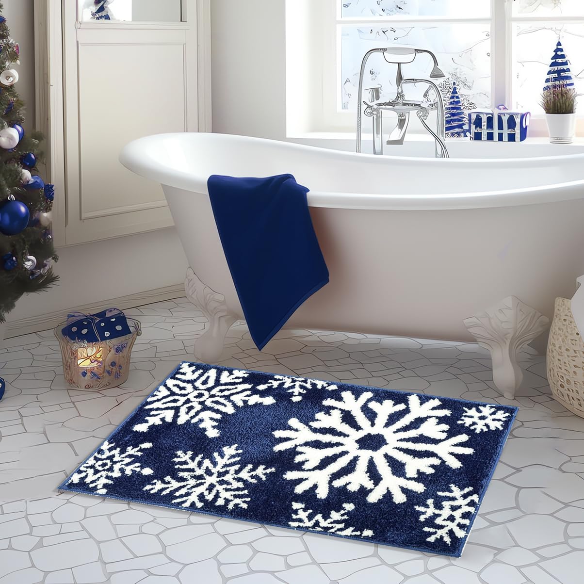 Lindameler Christmas Bathroom Rugs Winter Red Snowflake Christmas Bath Mat for Bathroom Extra Soft Absorbent Washable Non Slip Shower Mat Cute Lovely Christmas Holiday Rugs 20''x32'' (Blue,20''x32'')