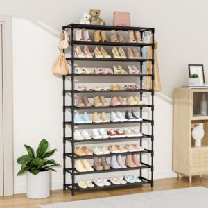 VILICK 11 Tiers Tall Wide Shoe Rack 55 Pairs Large Capacity Sturdy Durable Shoe Rack for Closet Metal Shoe Organizer Shelf with Two Hooks Space Saving for Entryway Black