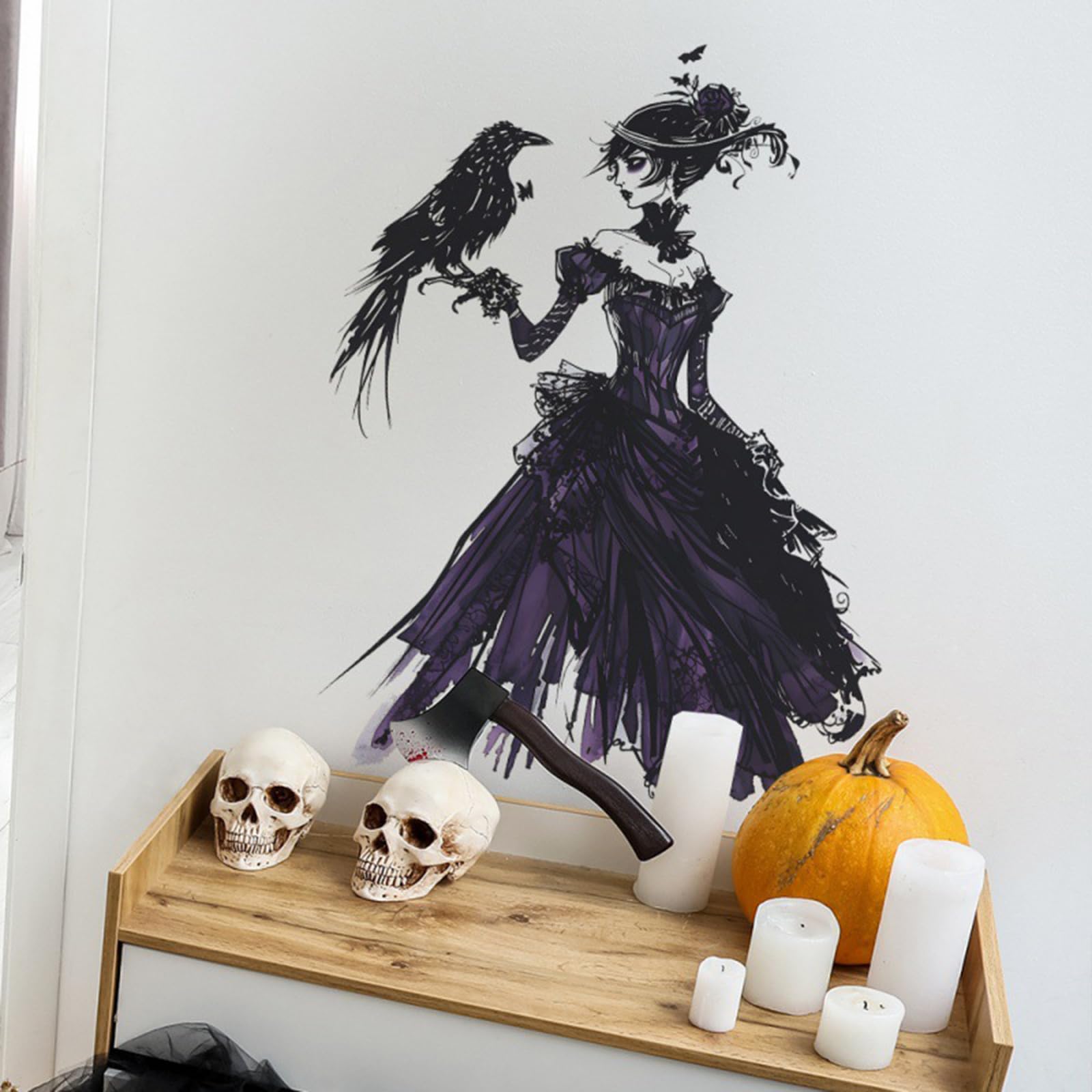 Halloween Witch Wall Stickers Queen of The Night with Black Crow Design Halloween Window Stickers 23.6 x 15.7 Inch Anime Wall Decals for Home Indoor Office Party Halloween Decorations Supplies