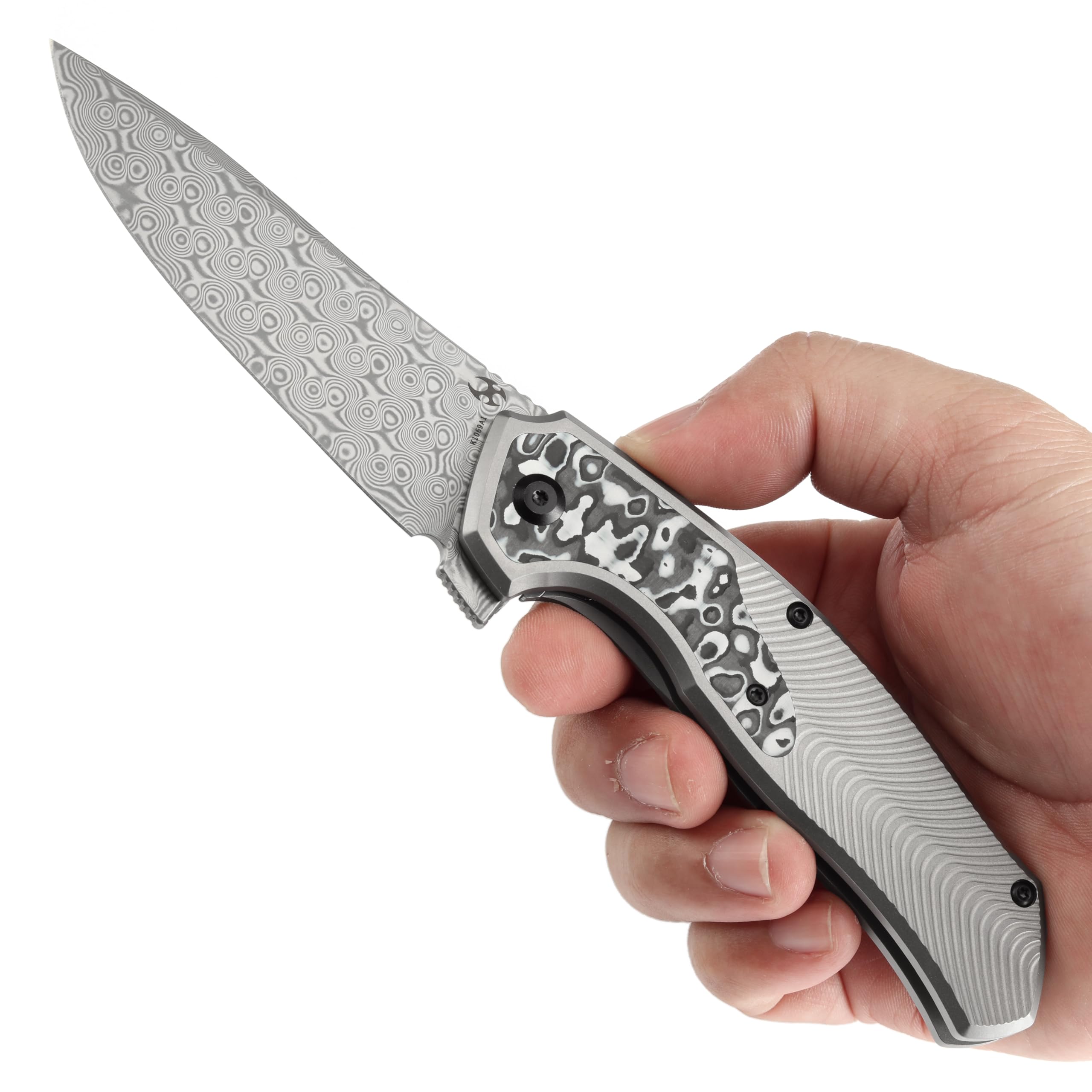 KANSEPT HAVØRN Pocket Folding Knives for Men Women Camping Hiking Folding Knife 3.48'' Damascus Blade Pocke Knife with Titanium Black and White Carbon Fiber Inlay Handle Everyday Carry K1069A1