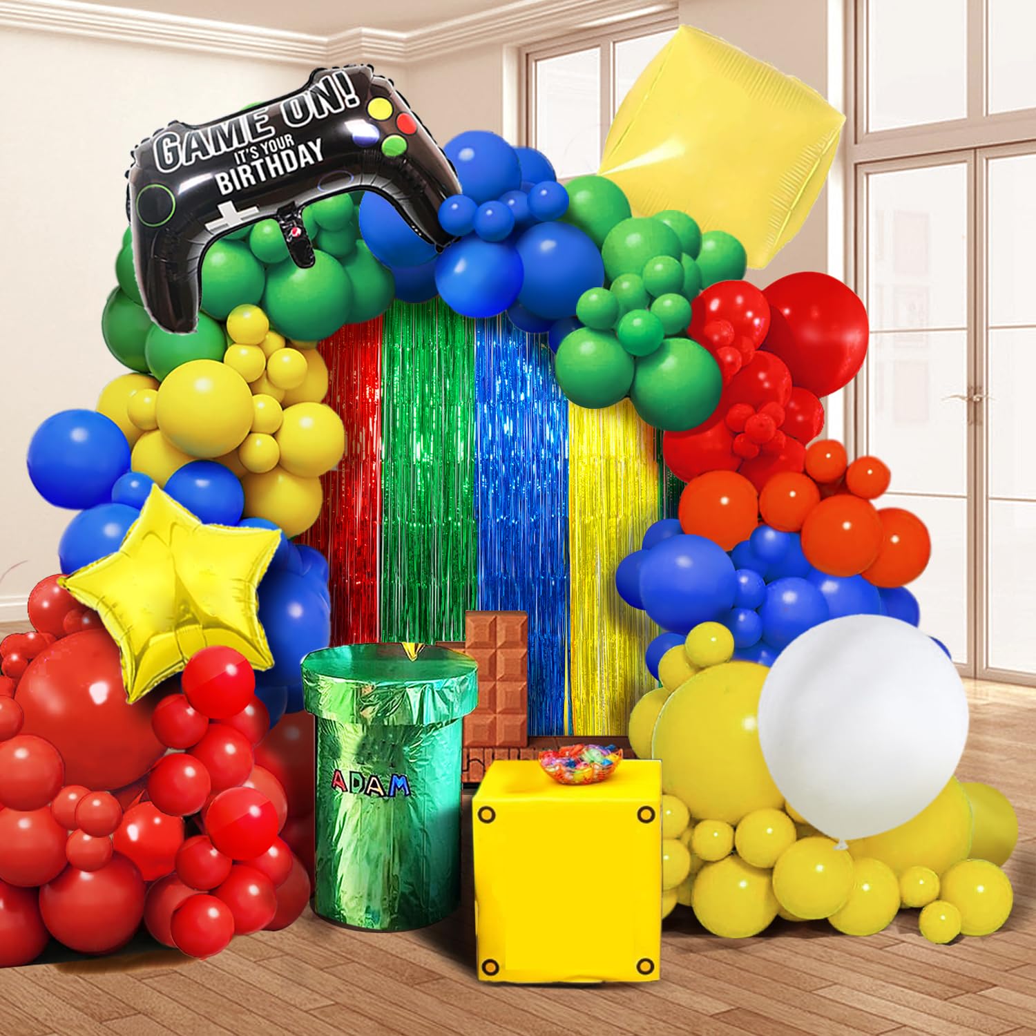 Super Bros Birthday Party Decoration, including 2Pack Red Green Blue Yellow Foil Fringe Curtains, 1pc Mario Themed Birthday Banner & 22pcs Balloons for Video Game Mario Theme Birthday Party Supplies