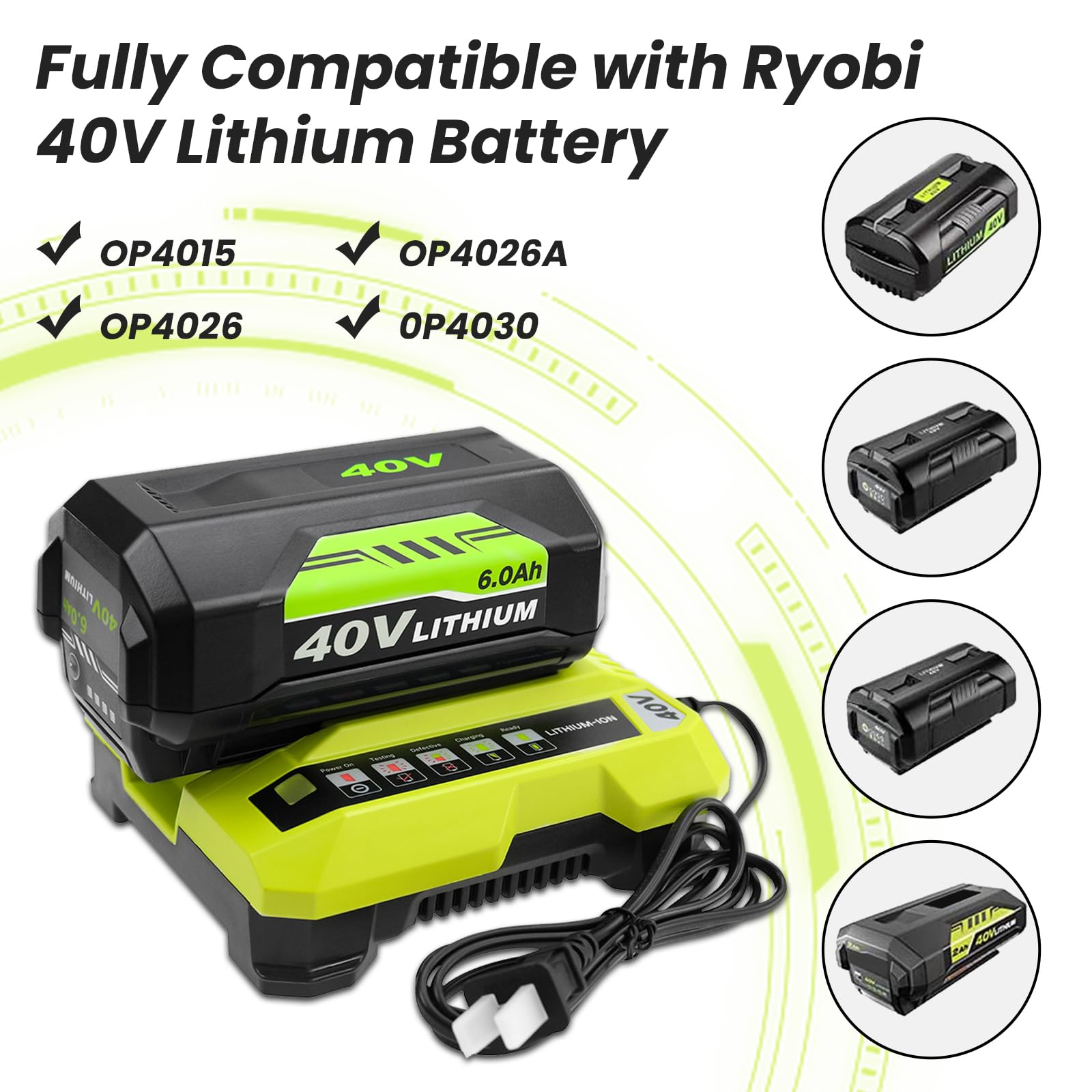 6000mAh OP40601 Battery Replacement for Ryobi 40V Battery OP4050A OP4040 OP4030 OP4026A OP40201 ZROP4026 Battery Compatible with Ryobi Battery 40 Cordless Power Tool RY40180 RY40200 Battery (Green)