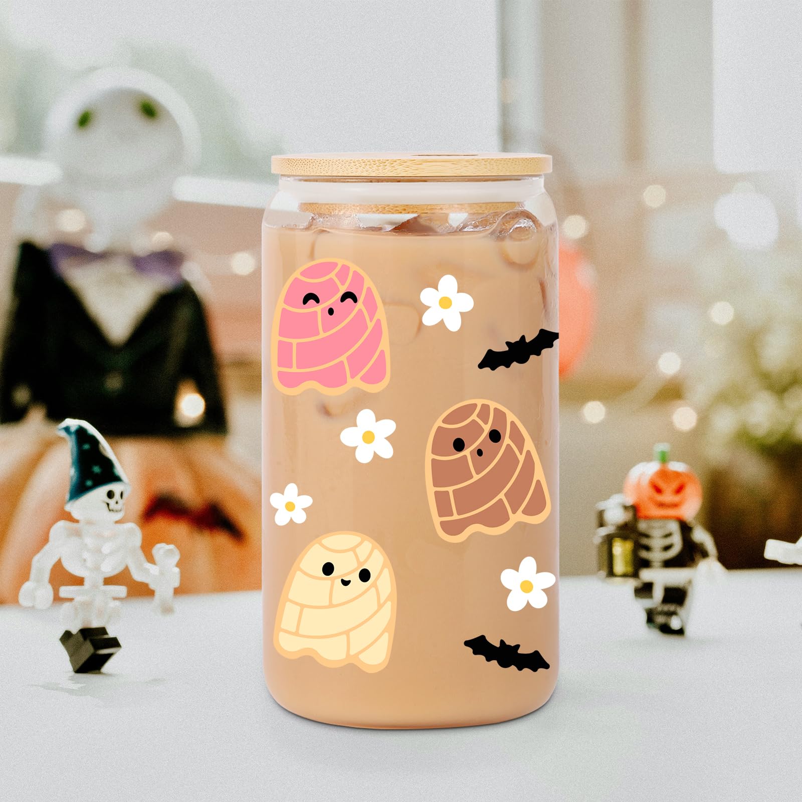 Lovearth Spooky Conchas Iced Coffee Cup, 16oz Halloween Glass Cup with Lid and Straw, Conchas Ghost Coffee Tumbler, Mexican Pan Dulce Gifts, Boo Basket Stuffers for Women, Dia de Muertos