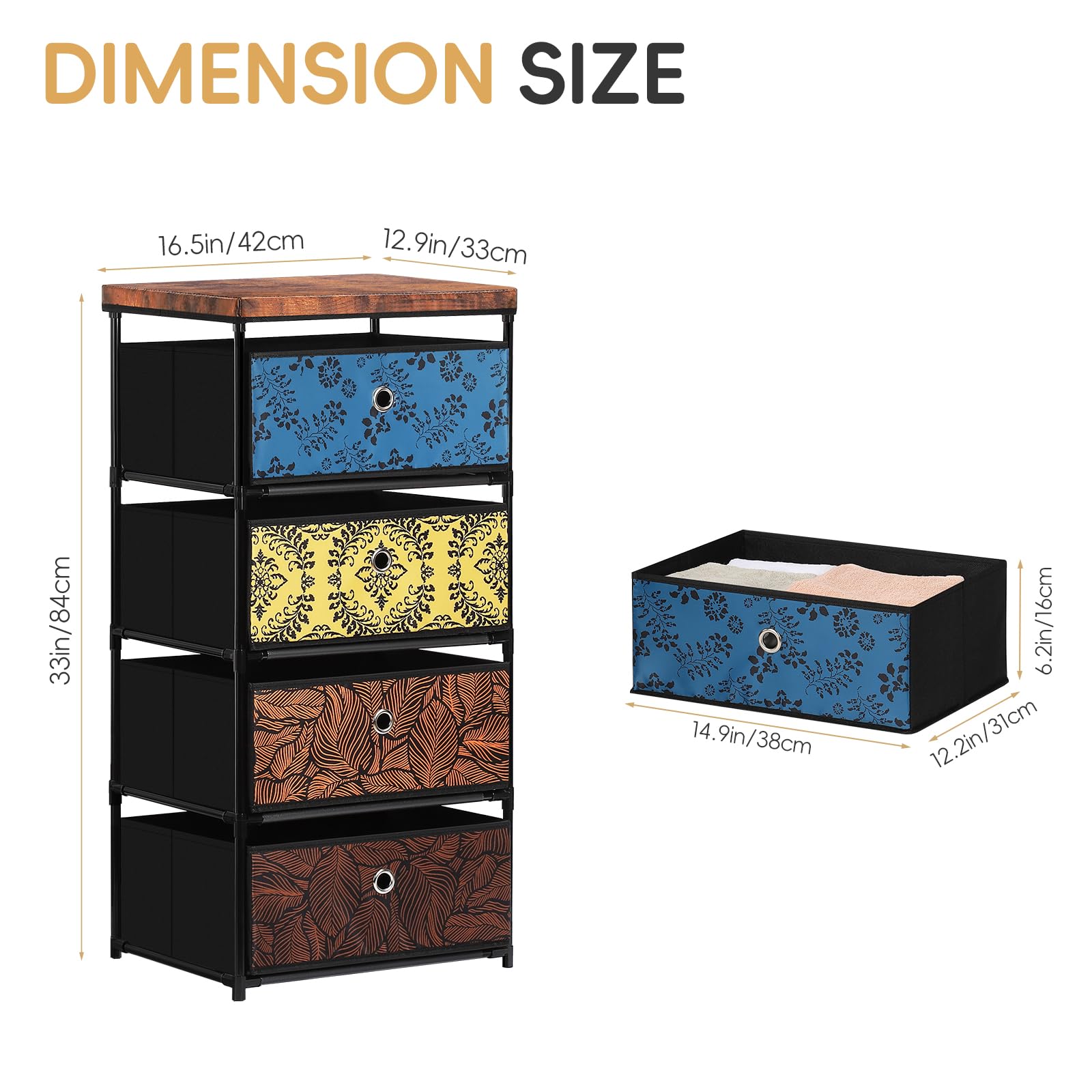 Dresser for Bedroom, 4 Tier Fabric Dresser Tower for Clothes, Drawers Storage with Four Drawers Nightstand with Drawers Retro Cloth Dressers for Bedroom, 16.5 * 12.9 * 33.0in