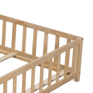 Bellemave Floor Bed Full Size Montessori Bed Frame with Fence and Door, Wooden Full Platform Bed for Kids, Boys Girls, Solid Wood Full Bed, No Box Spring Needed,Natural