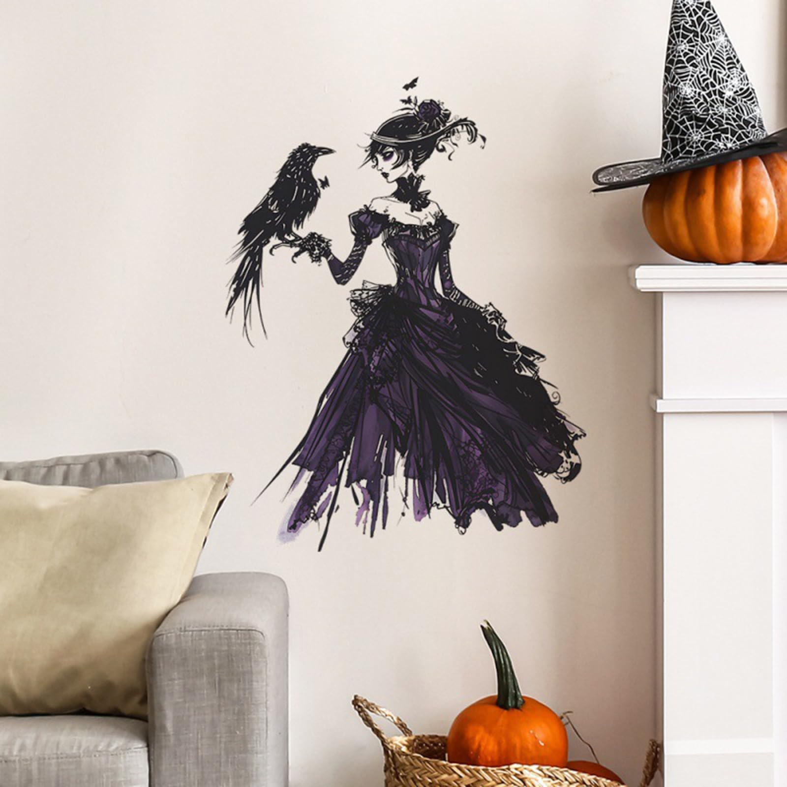 Halloween Witch Wall Stickers Queen of The Night with Black Crow Design Halloween Window Stickers 23.6 x 15.7 Inch Anime Wall Decals for Home Indoor Office Party Halloween Decorations Supplies