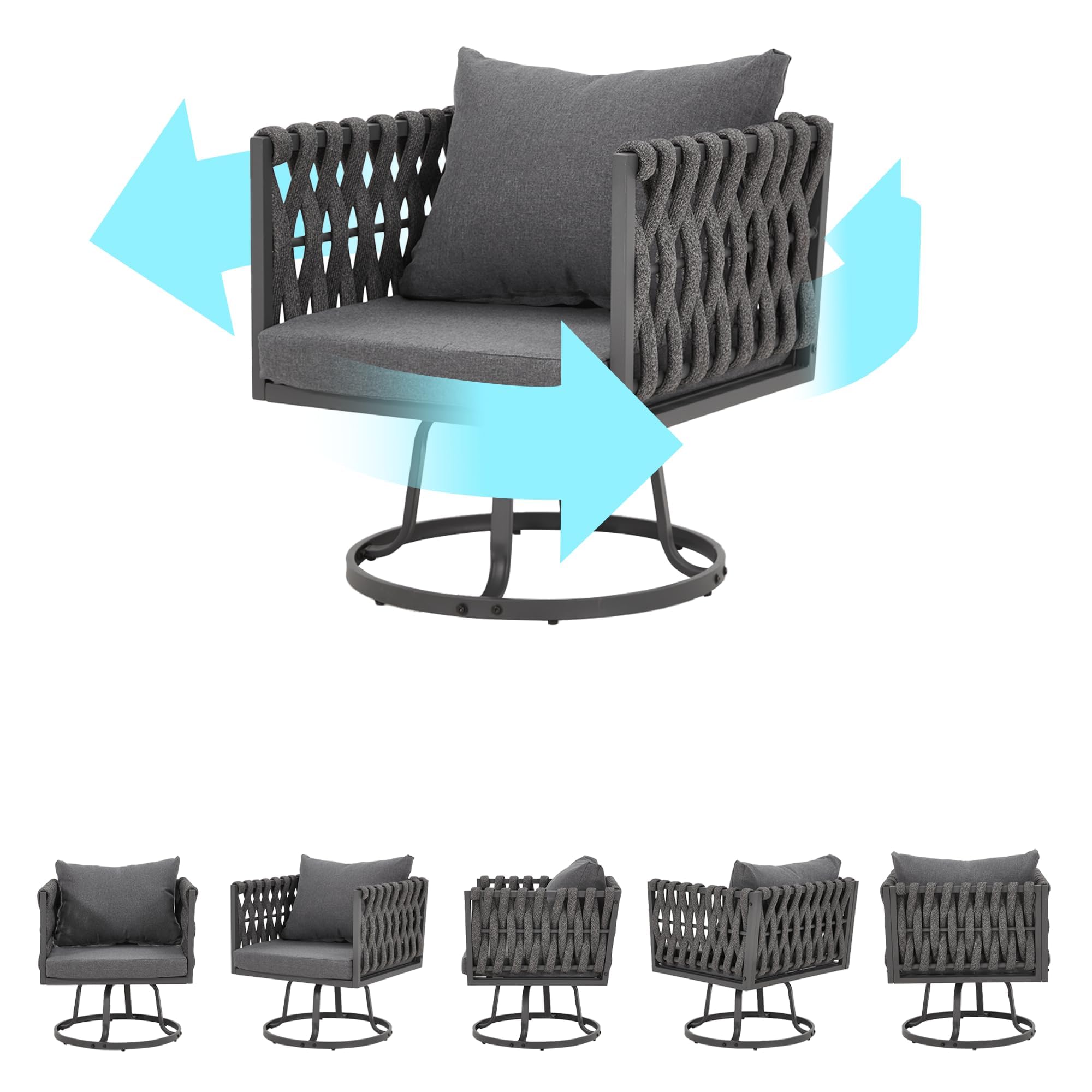 HOMREST 6 Pieces Metal Patio Furniture Set, Outdoor Aluminum Furniture w/ 2 Swivel Chairs, Ottoman, Coffee Table, Woven Rope Modern Patio Conversation Set for Balcony, Garden, Yard (7 Seats, Grey)