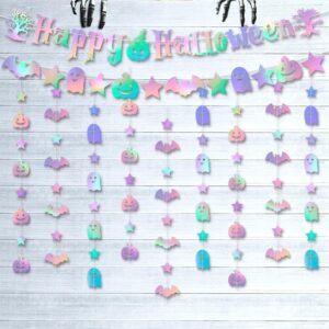 Iridescent Happy Halloween Party-Decorations Banner - 8Pcs Hanging Streamers Garland,Bat Ghost Pumpkin Ceiling Outdoor Indoor Wall Decor Party Props,Porch Room Scary Supplies Hugtmr