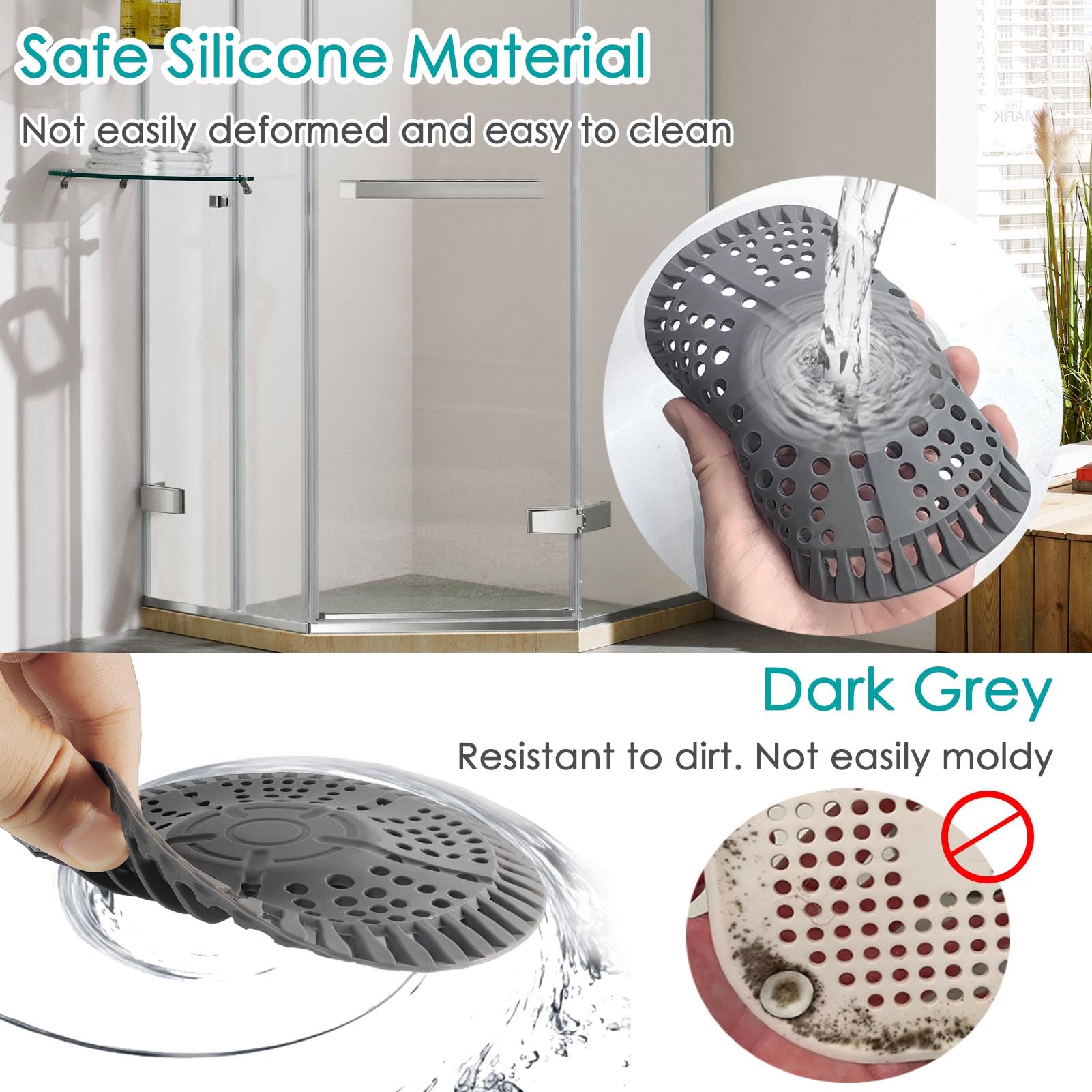 AWzzz Shower Hair Drain Catcher, 2 Pack 5.5in Shower Hair Catcher Large Premium Silicone Drain Protector Strainer, Shower Drain Cover for Shower Room, Floor Drain, Bathroom Sink, Dark Grey