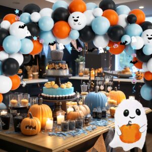 Fiesec Halloween Baby Shower Decorations for Boys Blue Orange Black, A Little Boo Is Almost Due Baby Shower Boy with Balloon Garland Arch Kit Banner Cake Cupcake Topper Ghost Bat Cutout