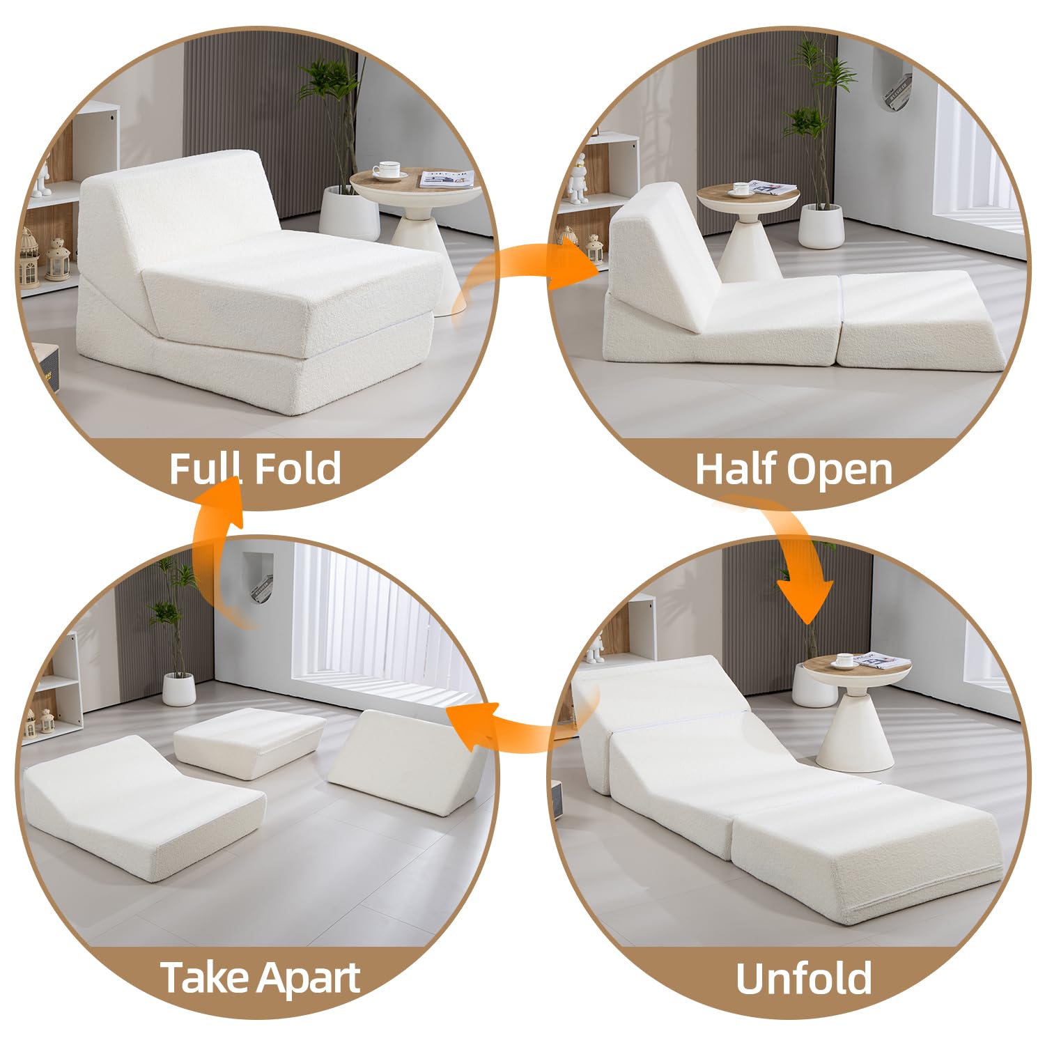 hyrfurn 3-in-1 Folding Sofa Bed with Memory Foam, Foldable Couch Bed for Living Room, Floor Couch Bed for Bedroom,White