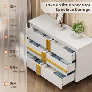 VOPEAK White Dresser for Bedroom, Wood Dresser, 6 Drawer Dresser with Gold Handle, Modern Large & Long Dresser for Cloth Storage, TV Stand Dresser,Chest of Drawers for Clost, Living Room, Nursery.