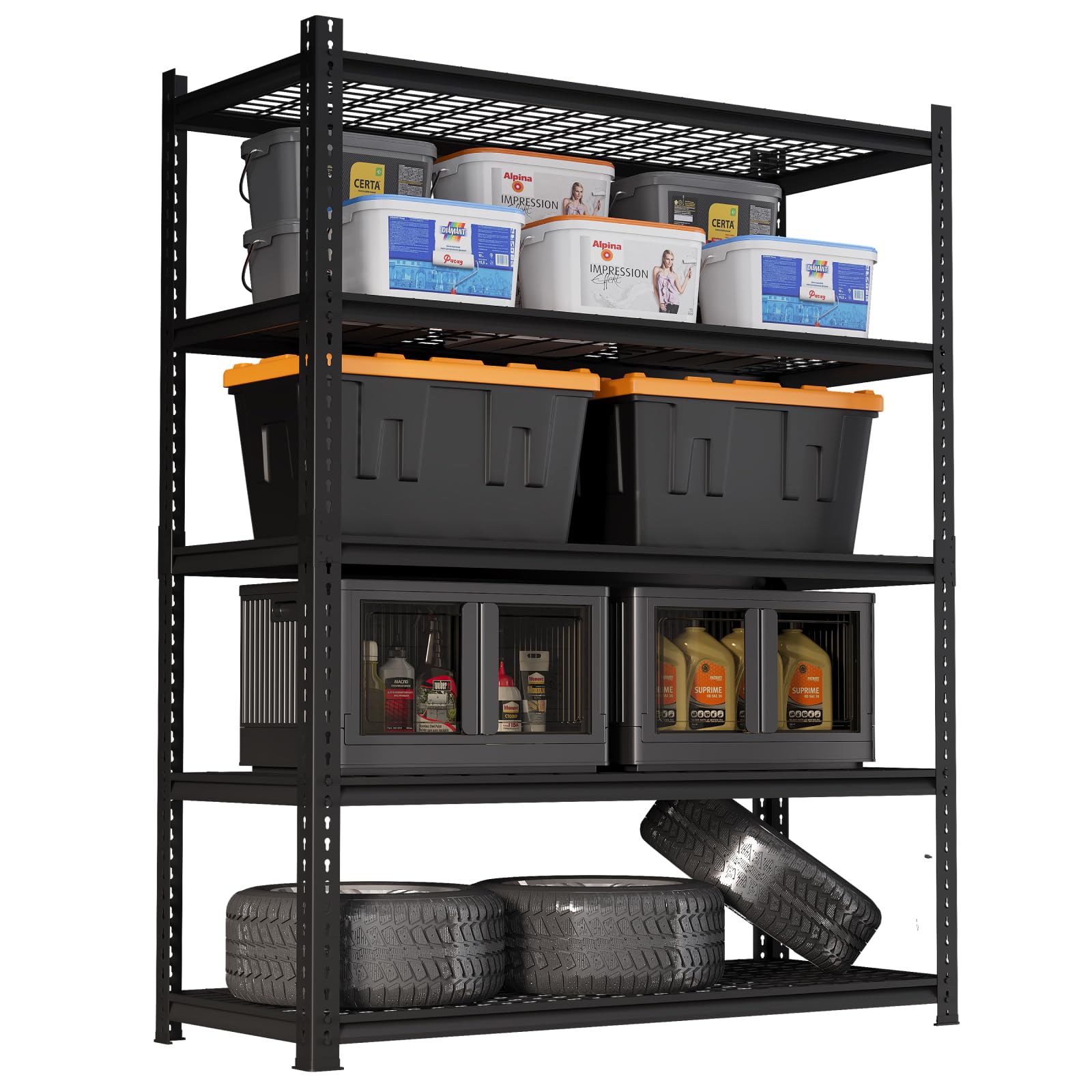 eShelf 48" W Heavy Duty Garage Shelving Unit, 5-Tier Adjustable Metal Storage Shelves with Boltless Desgin for Storage in Garage, Warehouse, Basement, 1100 lbs Capacity, 48" W x 24" D x 72" H, Black