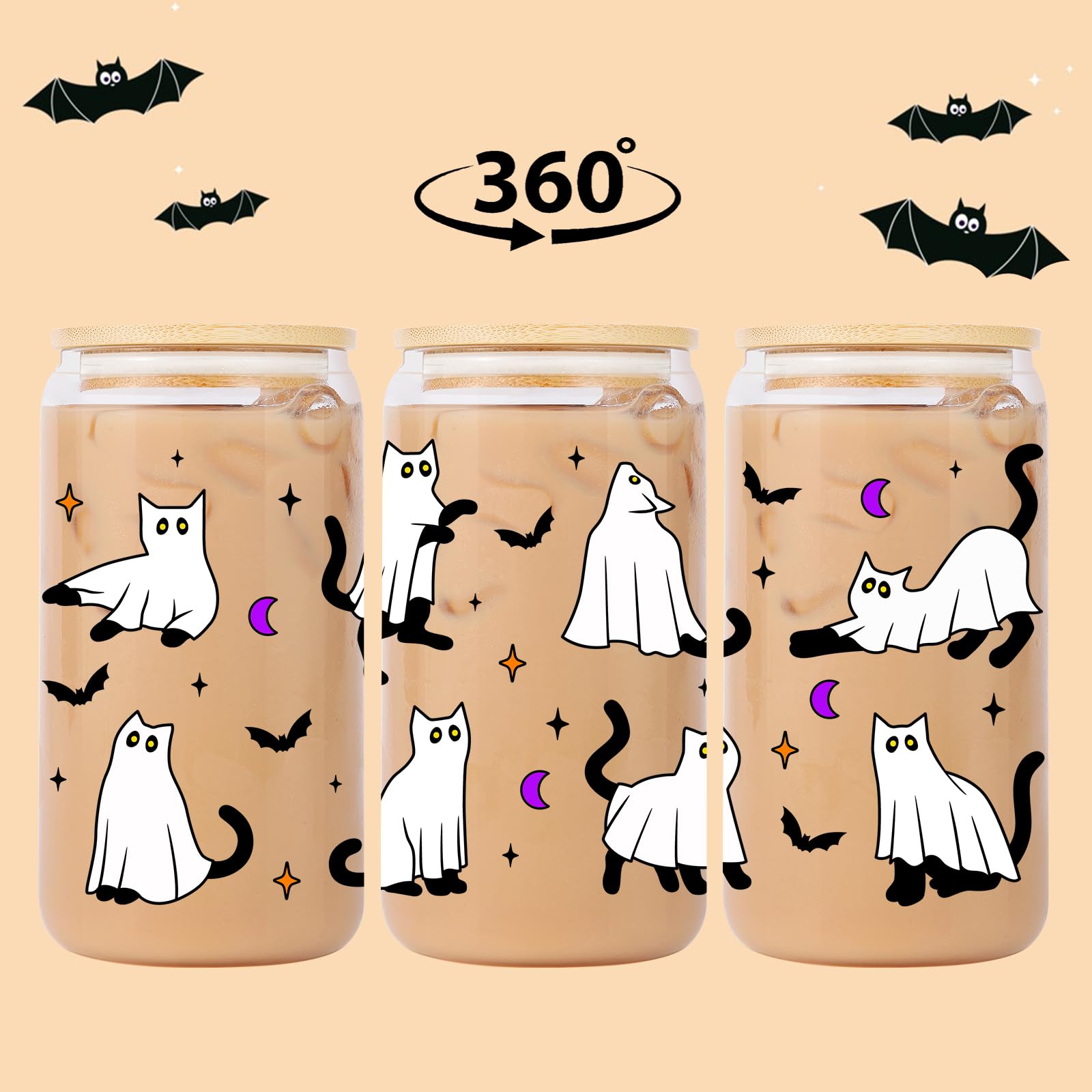 Lovearth Cute Halloween Ghost Cat Iced Coffee Cup, 16oz Halloween Glass Cup with Lid and Straw, Halloween Coffee Tumbler, Boo Basket Stuffers for Women, Men, Teens, Spooky Gifts for Cat Lovers