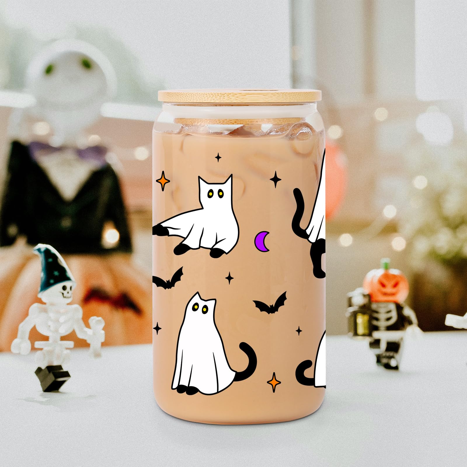 Lovearth Cute Halloween Ghost Cat Iced Coffee Cup, 16oz Halloween Glass Cup with Lid and Straw, Halloween Coffee Tumbler, Boo Basket Stuffers for Women, Men, Teens, Spooky Gifts for Cat Lovers