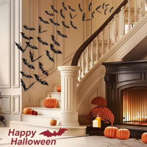 Halloween Decorations Bats Wall Stickers, 60 PCS Reusable 3D Black Halloween Bats Scary Stickers with Double-Sided Tape for Halloween Home Decor DIY Window Wall Indoor Outdoor Halloween Party Supplies