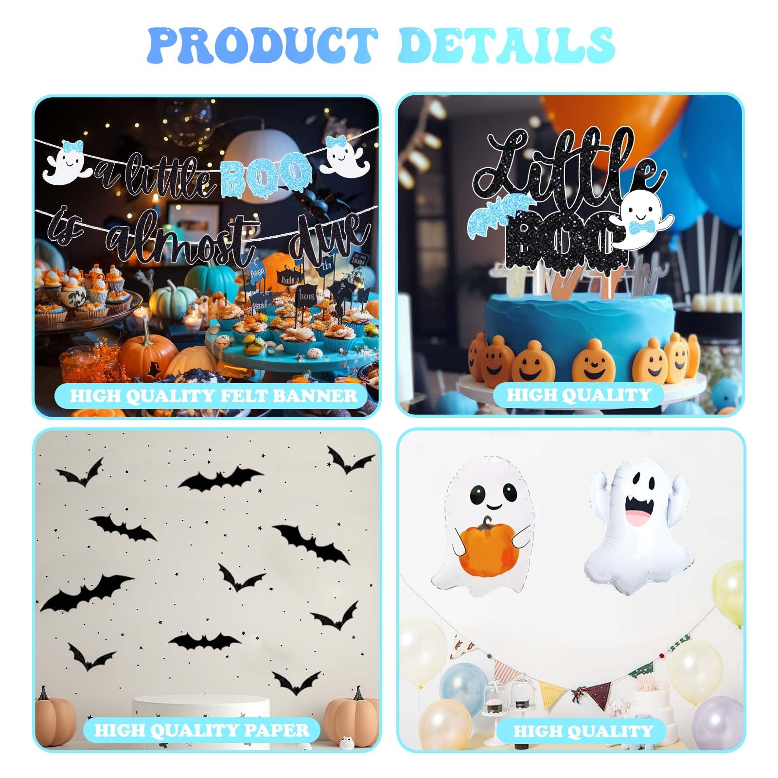 Fiesec Halloween Baby Shower Decorations for Boys Blue Orange Black, A Little Boo Is Almost Due Baby Shower Boy with Balloon Garland Arch Kit Banner Cake Cupcake Topper Ghost Bat Cutout