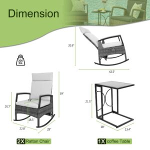 BALDPER 3-Pieces Outdoor Recliner Chair Set, Rattan Wicker Rocking Chair with Adjustable Backrest, Cushions, and C Shaped End Table for Patio Home Backyard Garden, Grey