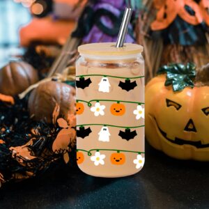 Lovearth Halloween Pumpkin Ghost String Lights Cup, Fall Cup, Halloween Bats Cup, 16oz Halloween Glass Cup with Lid & Straw, Spooky Gifts, Halloween Gifts for Women, Men, Teens, Halloween Lovers