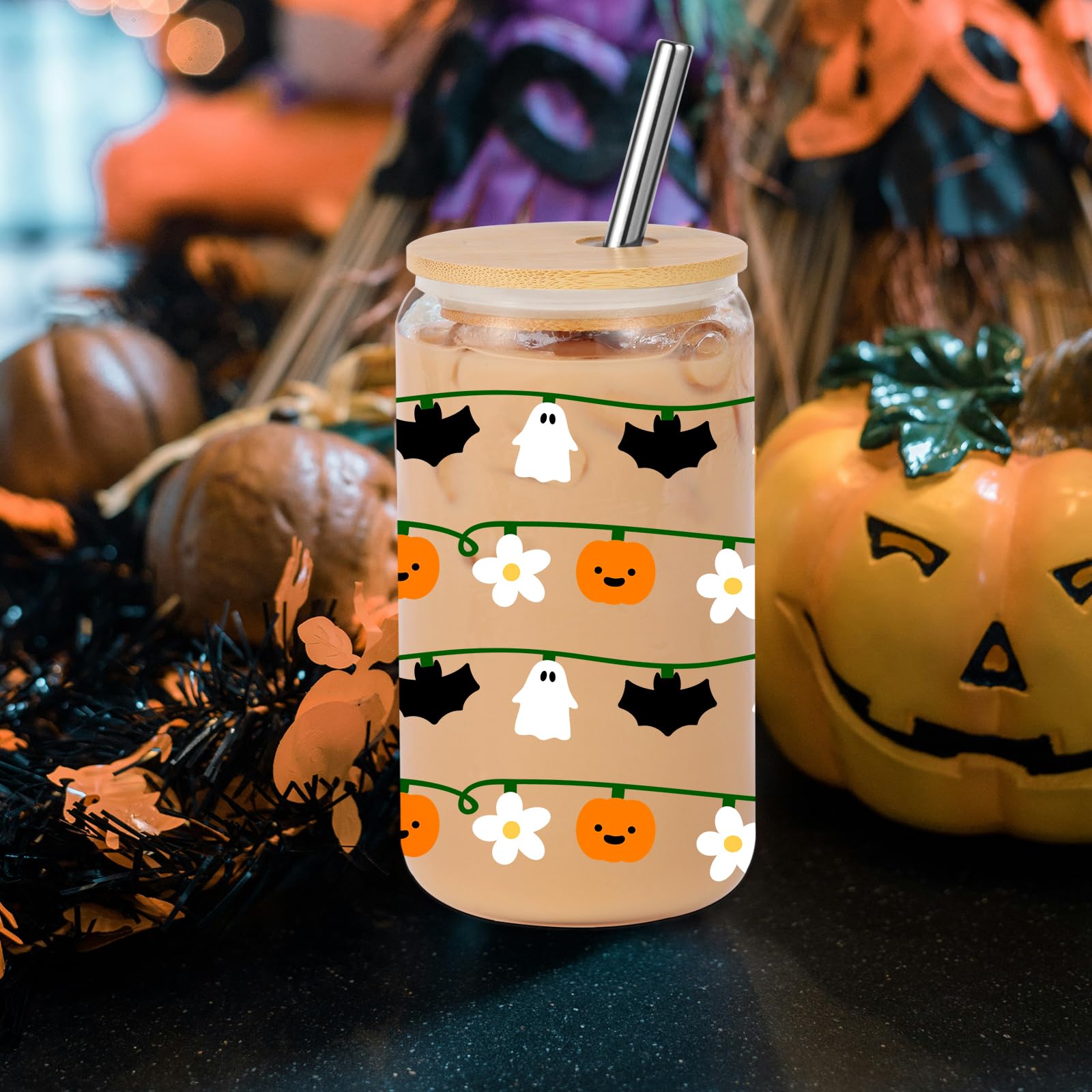 Lovearth Halloween Pumpkin Ghost String Lights Cup, Fall Cup, Halloween Bats Cup, 16oz Halloween Glass Cup with Lid & Straw, Spooky Gifts, Halloween Gifts for Women, Men, Teens, Halloween Lovers