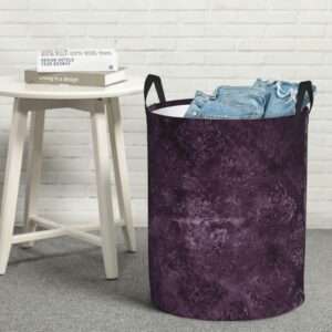 Eggplant Velvet Damask Plum Purple Floral Round Canvas Linen Laundry Hamper, Waterproof Storage Bin For Toys, Books, Clothes, Pets, Laundry Basket, Gift Basket Medium