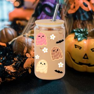 Lovearth Spooky Conchas Iced Coffee Cup, 16oz Halloween Glass Cup with Lid and Straw, Conchas Ghost Coffee Tumbler, Mexican Pan Dulce Gifts, Boo Basket Stuffers for Women, Dia de Muertos