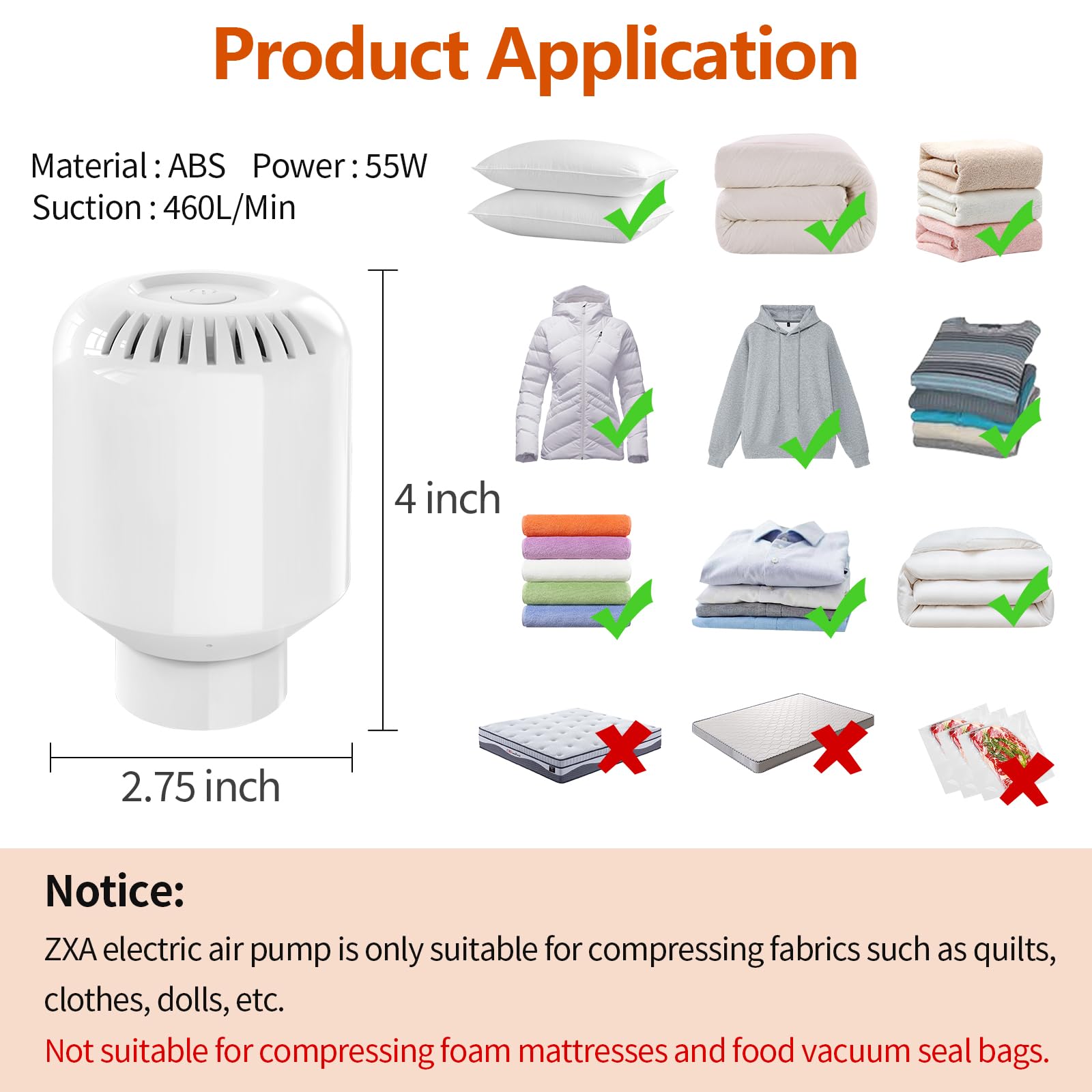 Electric Pump for Vacuum Storage Bags, 55W 5000PA Portable Travel Vacuum Pump for Storage Bags, Space Saver Vacuum Storage Bag Pump for Compression Clothing, Blanket, Luggage